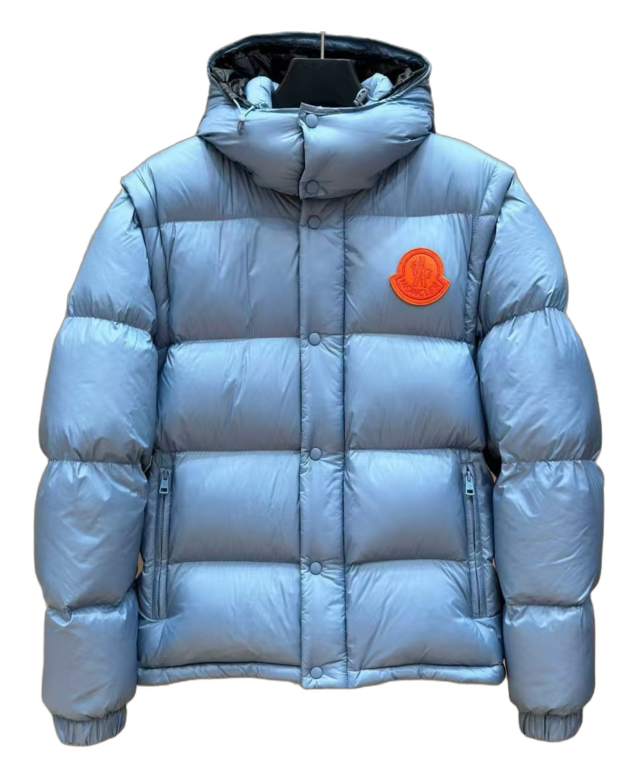 Moncler Orange-Badge Hooded Down Puffer Jacket – Ice Blue