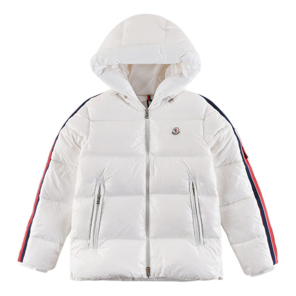 Moncler Tricolour Sleeve-Stripe Glossy Hooded Puffer Jacket