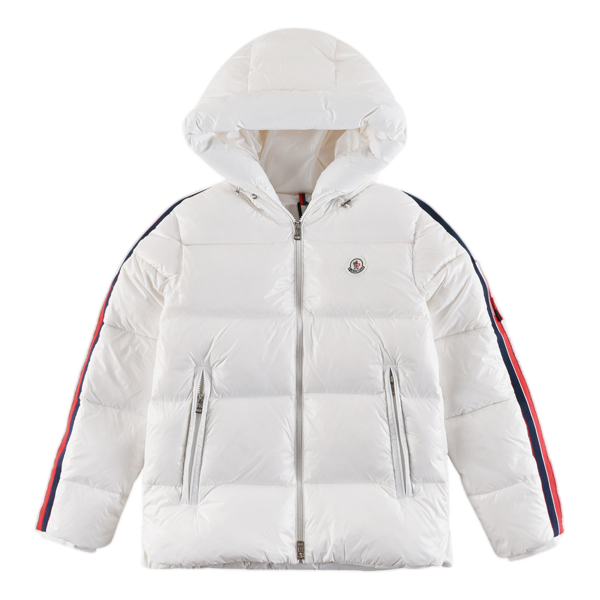 Moncler Tricolour Sleeve-Stripe Glossy Hooded Puffer Jacket