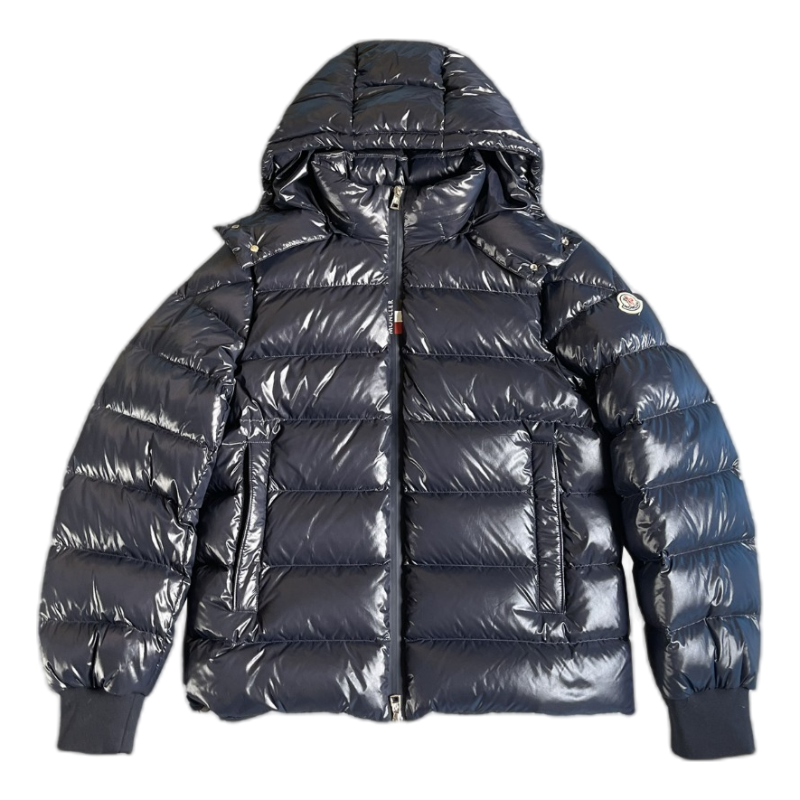 Moncler Glossy Logo-Zip Hooded Puffer Jacket – Navy