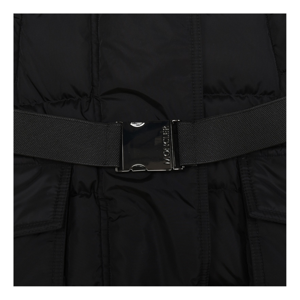 Moncler Khloe Belted Fur-Trim Hooded Long Coat – Black
