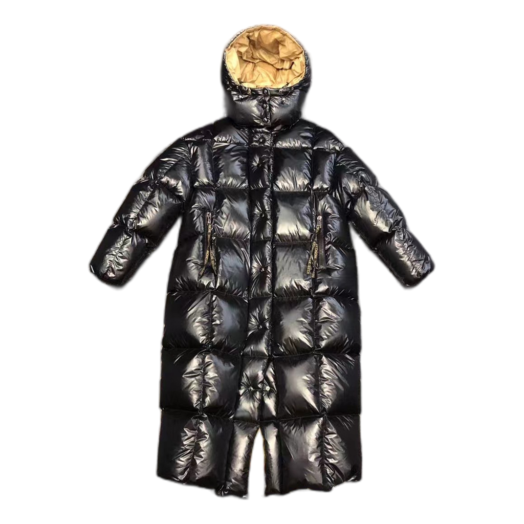 Moncler Gold-Lined Glossy Long Puffer Coat – Black