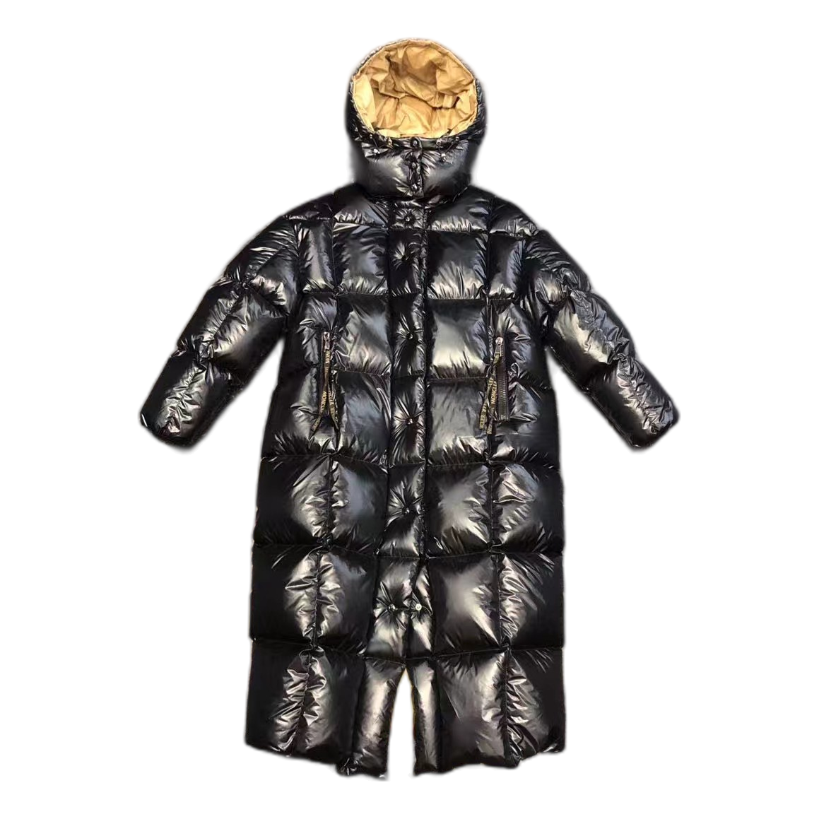 Moncler Gold-Lined Glossy Long Puffer Coat – Black