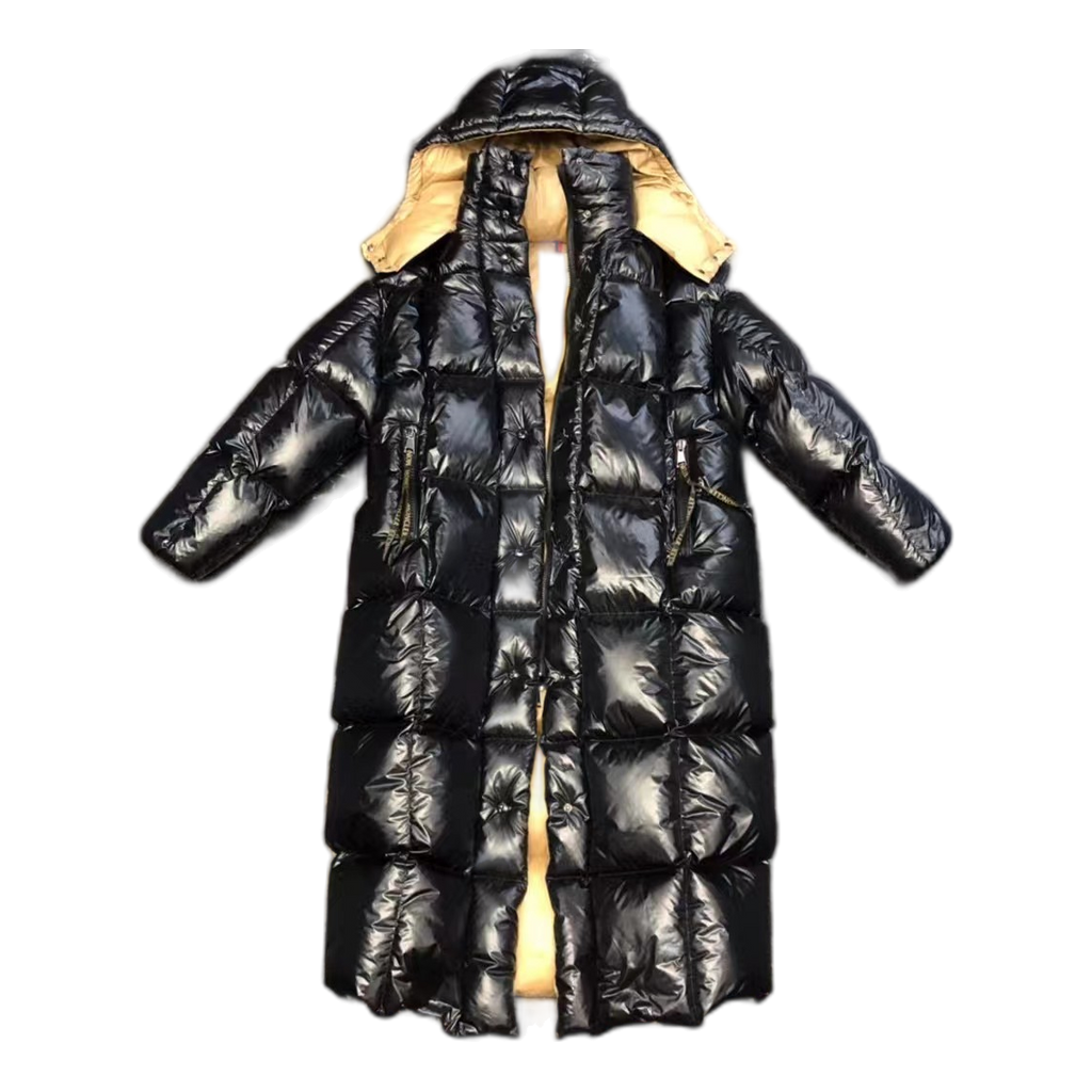 Moncler Gold-Lined Glossy Long Puffer Coat – Black