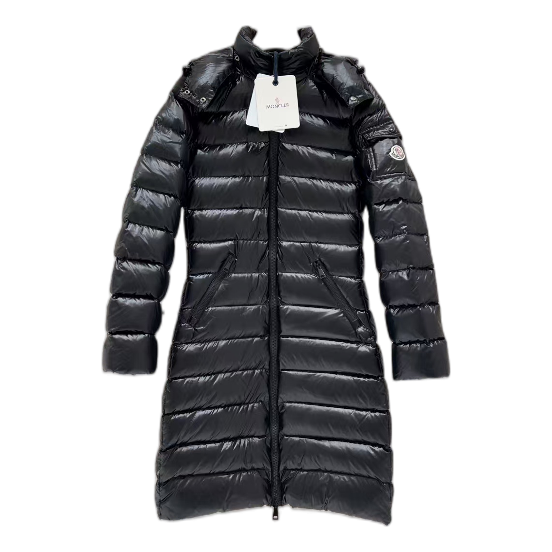 Moncler Narrow-Quilt Fur-Trim Hooded Long Down Coat – Black