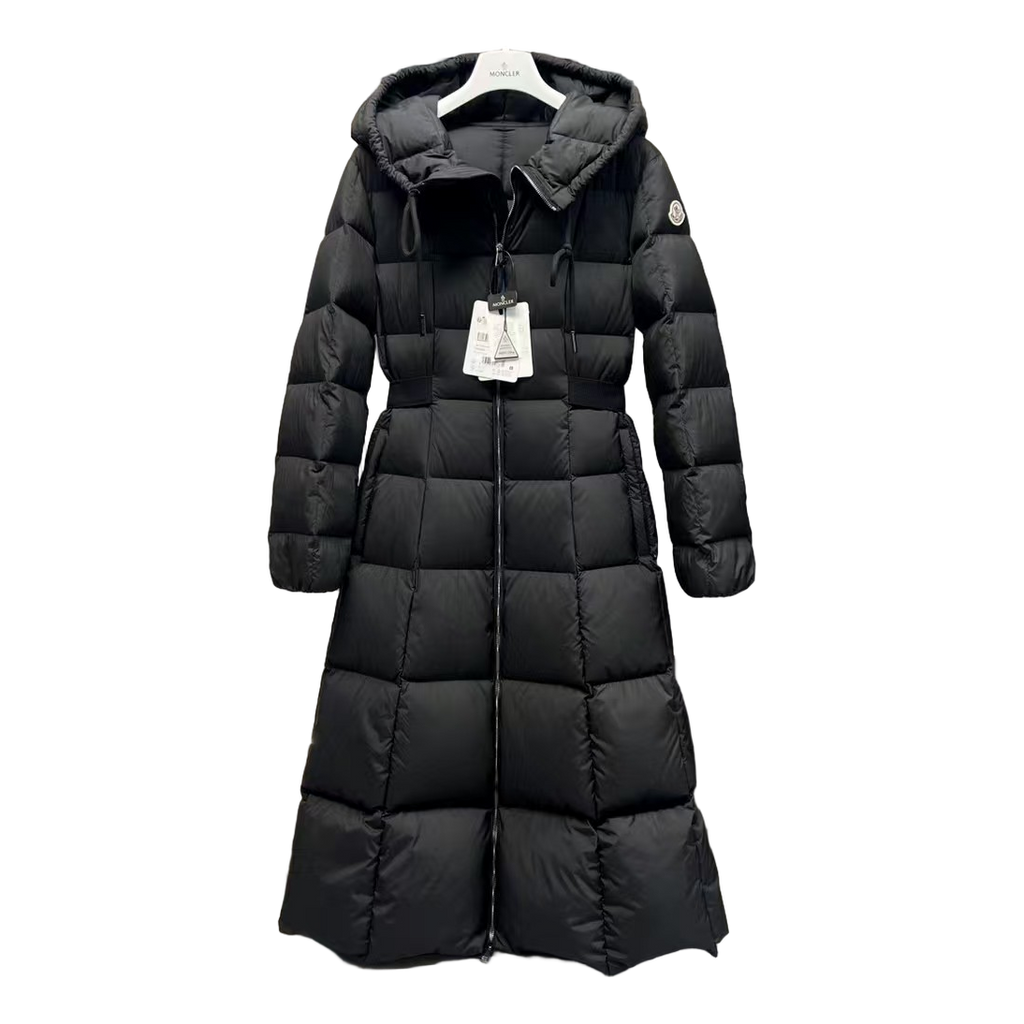 Moncler Fitted Long Hooded Puffer Coat – Black
