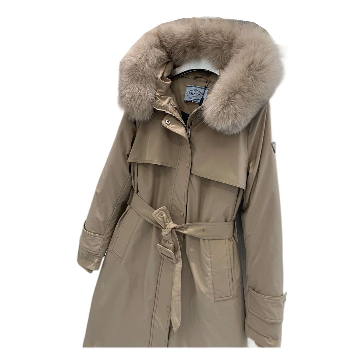 Prada Belted Faux Fur-Trim Hooded Coat – Beige