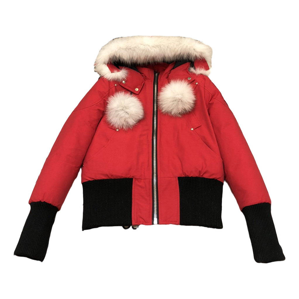 Moose Knuckles Debbie Pom-Pom Hooded Down Bomber Jacket – Red