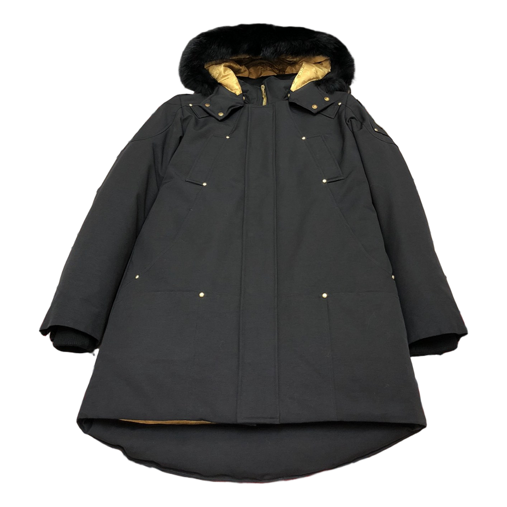 Moose Knuckles Gold-Lined Fur-Trim Long Down Parka – Black