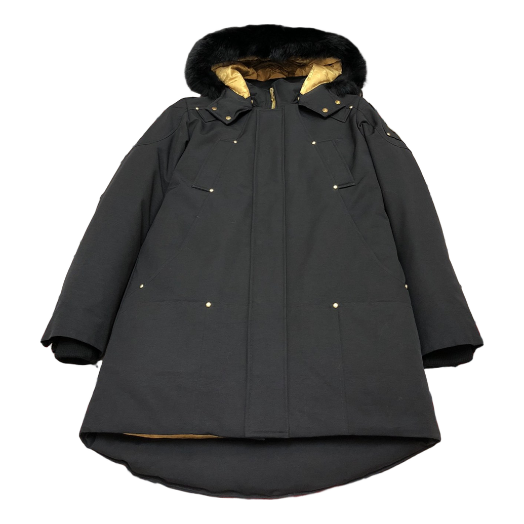 Moose Knuckles Gold-Lined Fur-Trim Long Down Parka – Black