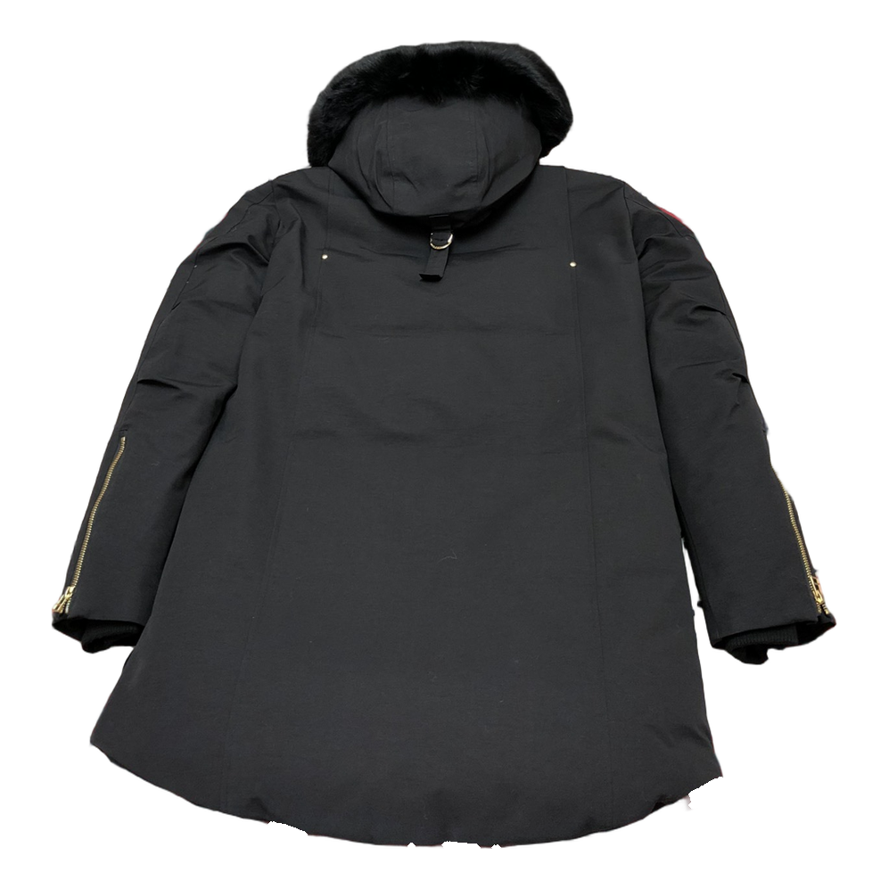 Moose Knuckles Gold-Lined Fur-Trim Long Down Parka – Black