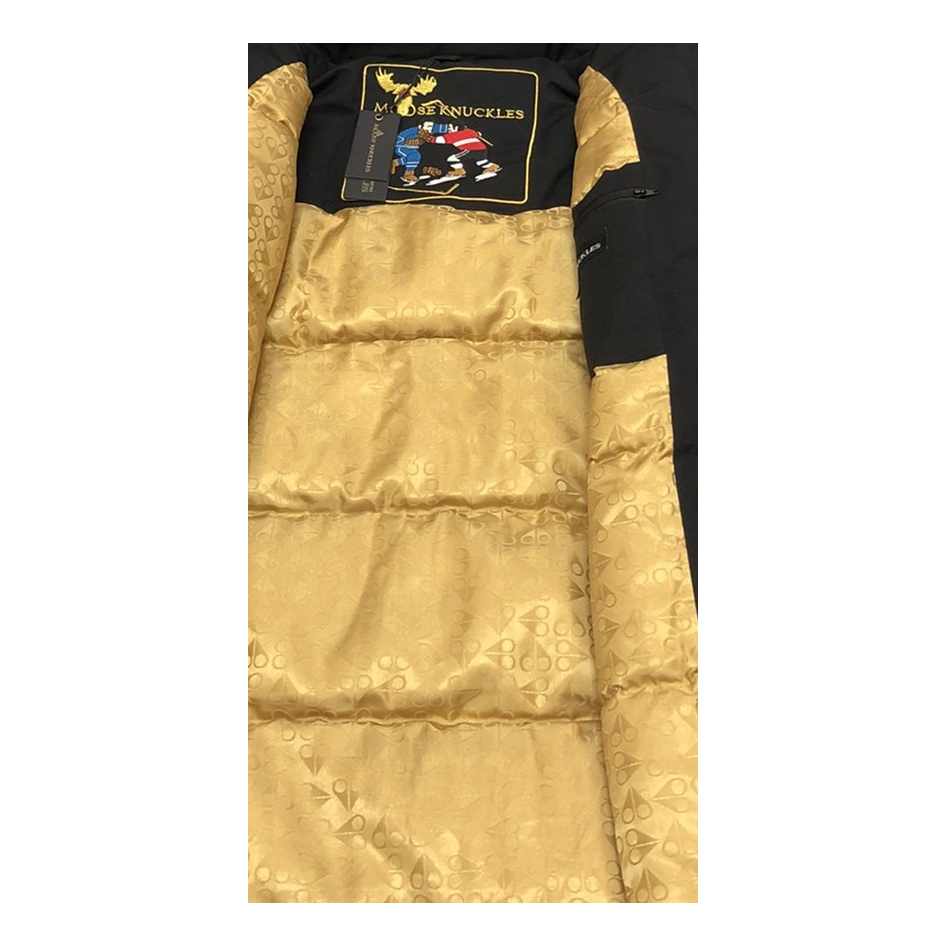 Moose Knuckles Gold-Lined Fur-Trim Long Down Parka – Black