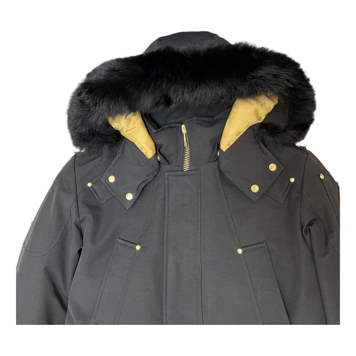 Moose Knuckles Gold-Lined Fur-Trim Long Down Parka – Black