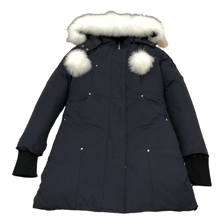 Moose Knuckles Stirling Fur-Trim Down Parka with Pom-Pom Hood – Navy