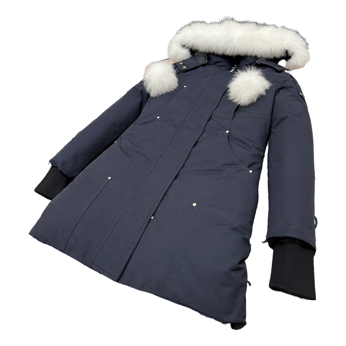 Moose Knuckles Stirling Fur-Trim Down Parka with Pom-Pom Hood – Navy