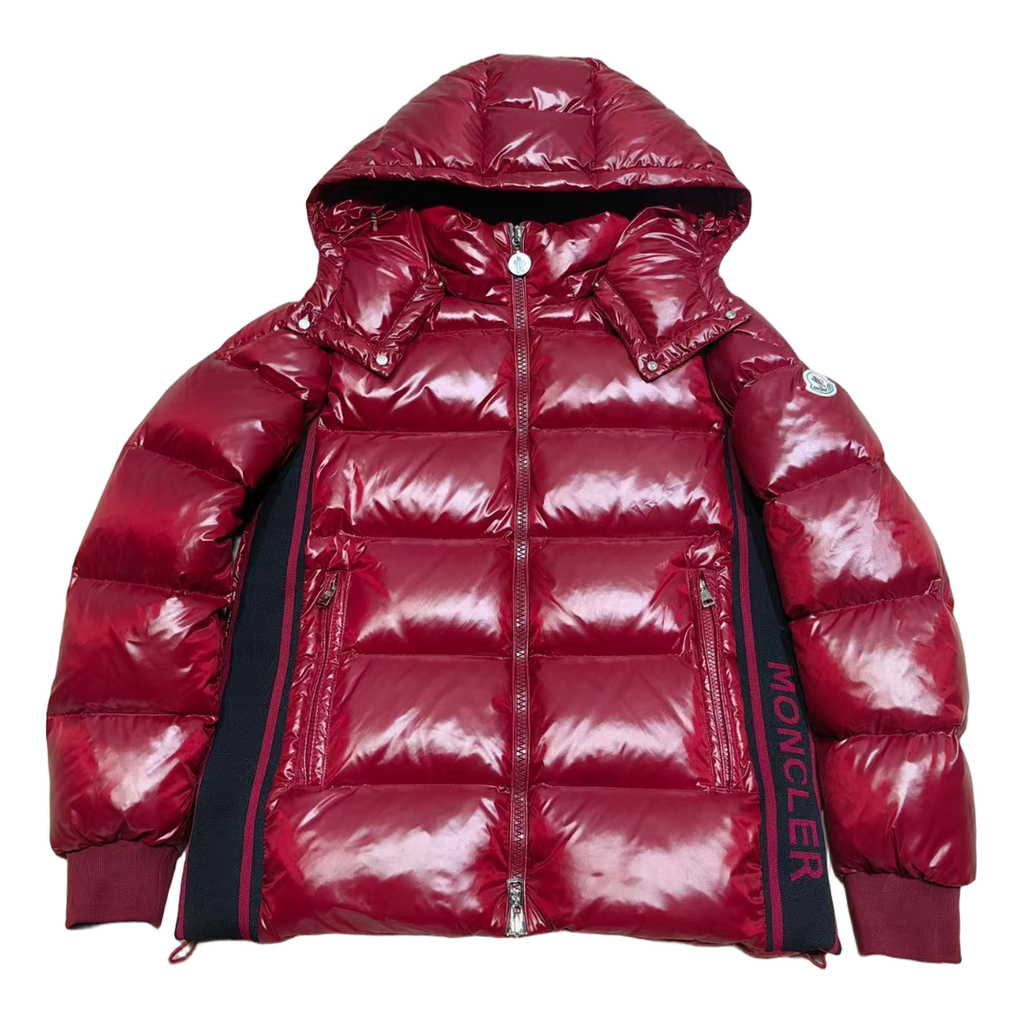 Moncler Logo-Zip Glossy Hooded Down Puffer Jacket – Red