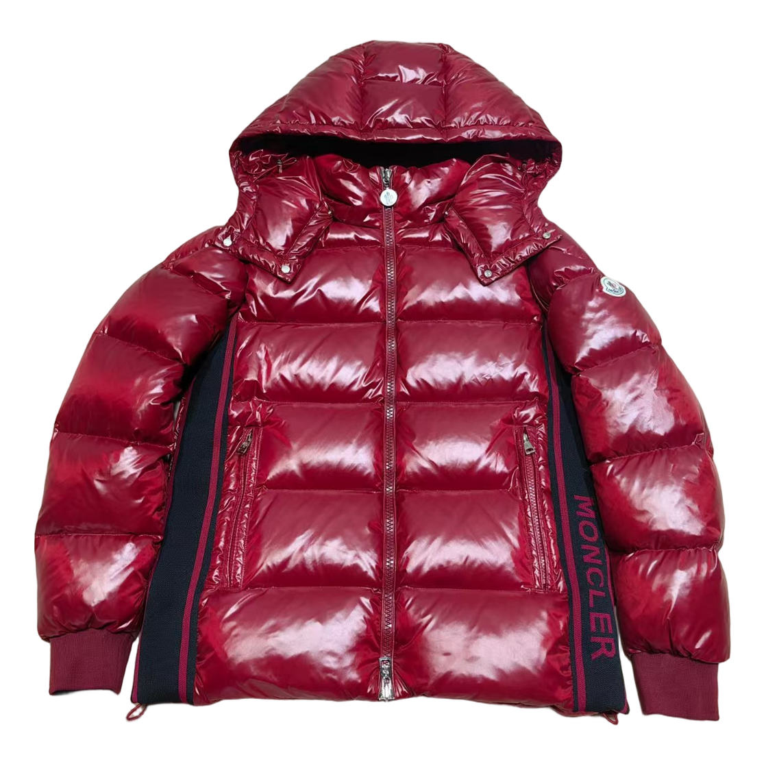 Moncler Logo-Zip Glossy Hooded Down Puffer Jacket – Red