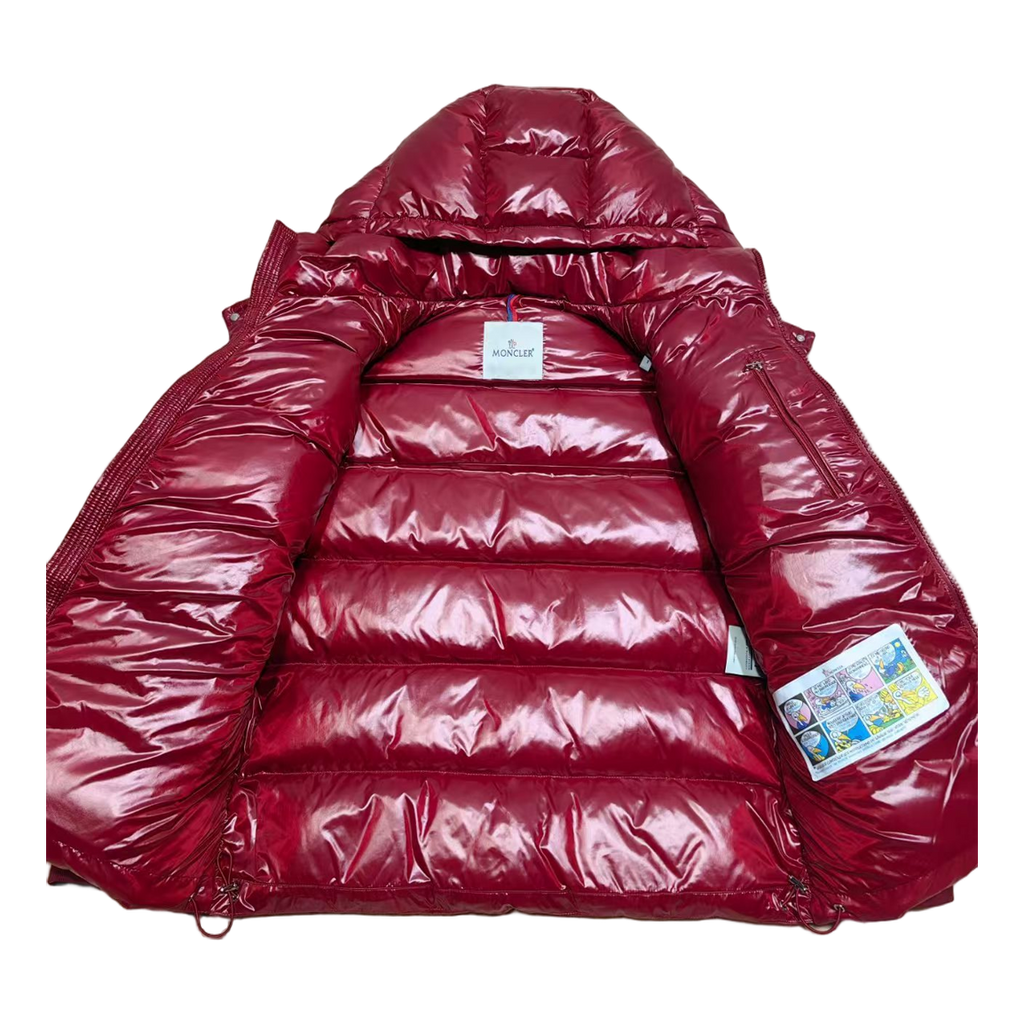 Moncler Logo-Zip Glossy Hooded Down Puffer Jacket – Red