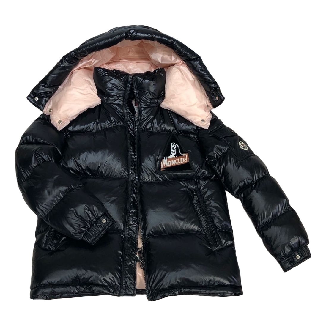 Moncler Mountain-Badge Glossy Short Down Puffer Jacket – Black
