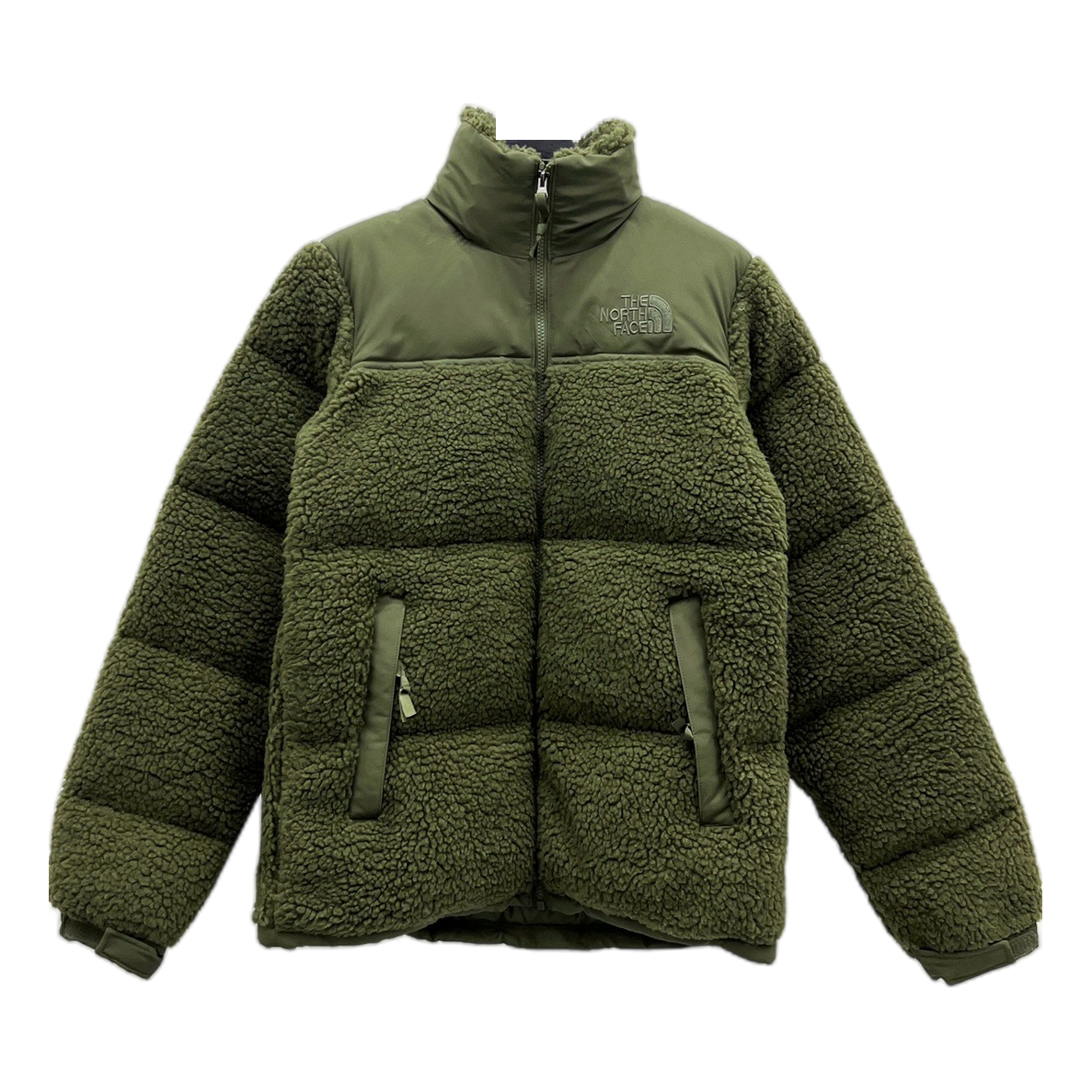 The North Face Fleece-Panel Puffer Jacket with Stand Collar – Olive